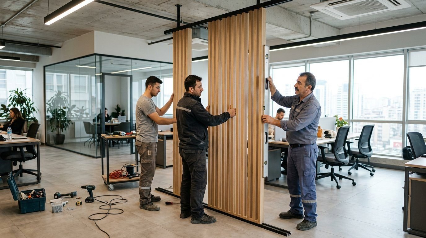 Ofis ahsap bolme paneli kurulumu — temsili uygulama