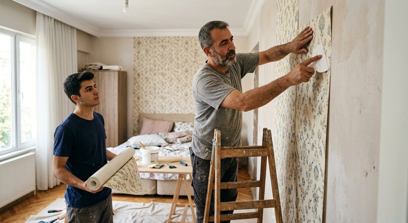 Yatak odası duvar kağıdı kaplama — temsili uygulama
